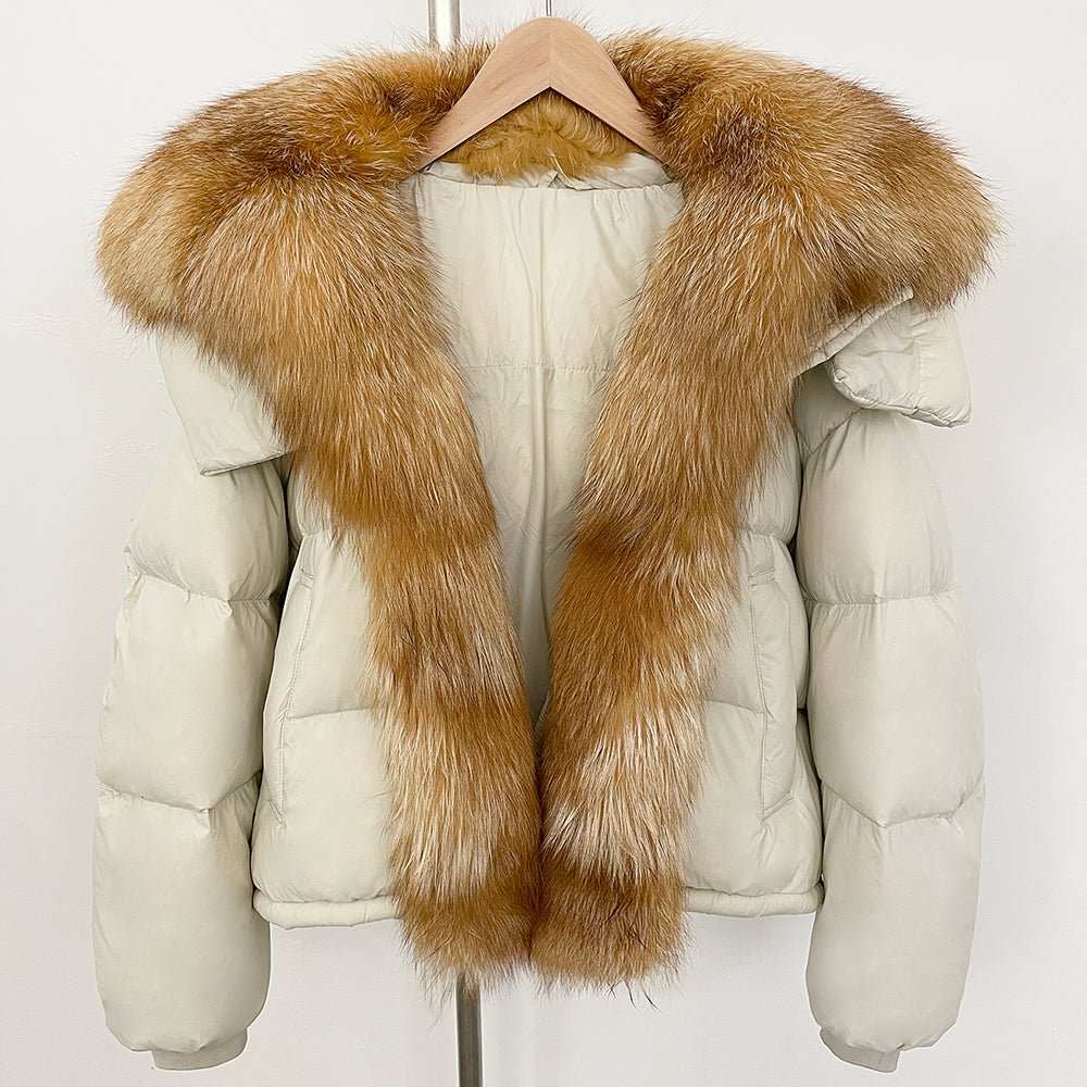 OFTBUY Ultra-Luxury 90% Duck Down Puffer Jacket with Oversized Real Fox & Raccoon Fur Collar