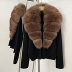 OFTBUY New Women's Knit Cardigan with Large Real Fox Fur Collar Loose Fit Warm Winter Fashion Lady Outerwear Sweater Female