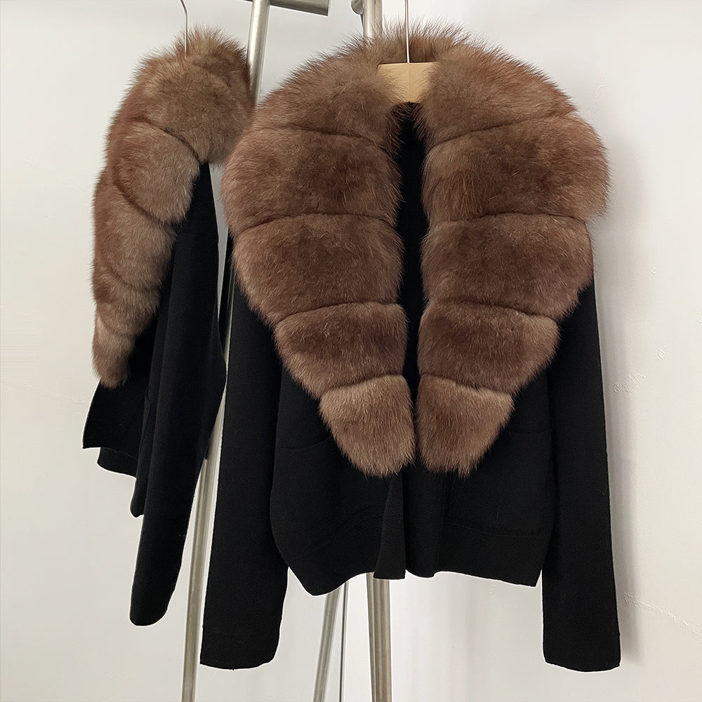 OFTBUY New Women's Knit Cardigan with Large Real Fox Fur Collar Loose Fit Warm Winter Fashion Lady Outerwear Sweater Female