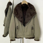 Army olive windproof cropped bomber with genuine fox fur shawl collar and rabbit fur lining