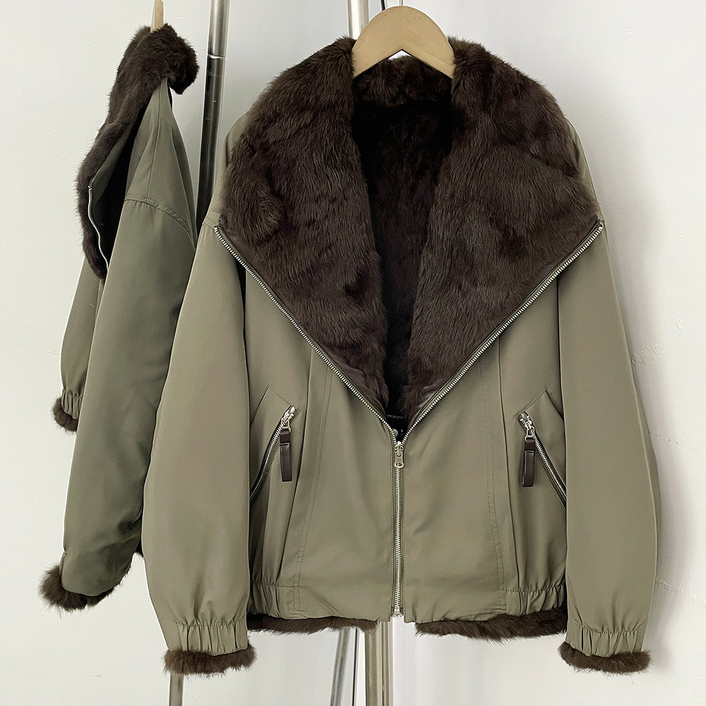 Army olive windproof cropped bomber with genuine fox fur shawl collar and rabbit fur lining
