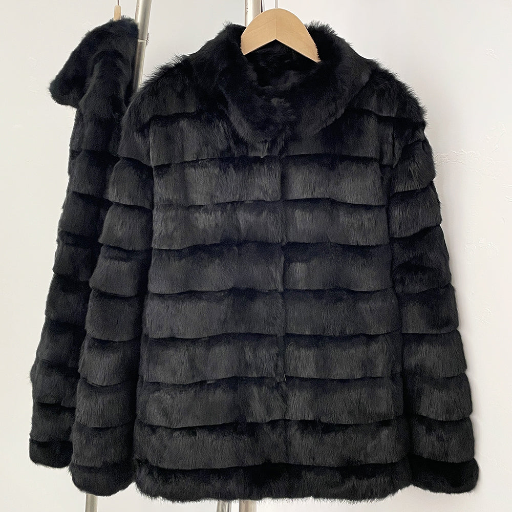 Front view of luxury 100% real black rex rabbit fur tiered jacket