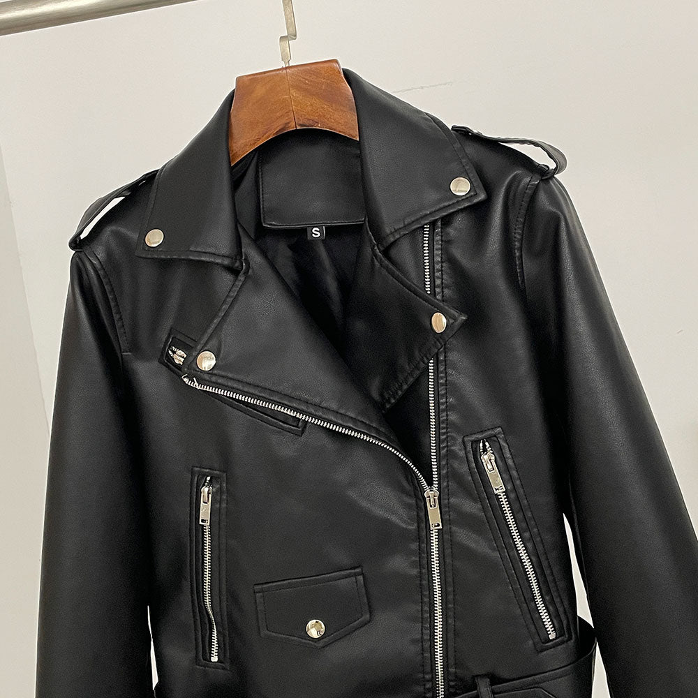 OFTBUY Women's Black Faux Leather Moto Biker Jacket Asymmetric Zip PU Coat with Belt New Autumn Winter Vintage Punk Outerwear