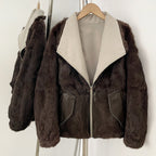 OFTBUY Reversible Real Rabbit Fur Lined Short Bomber Jacket - Oversized Wide Genuine Fox Fur Collar Windproof Outer Shell Winter Coat