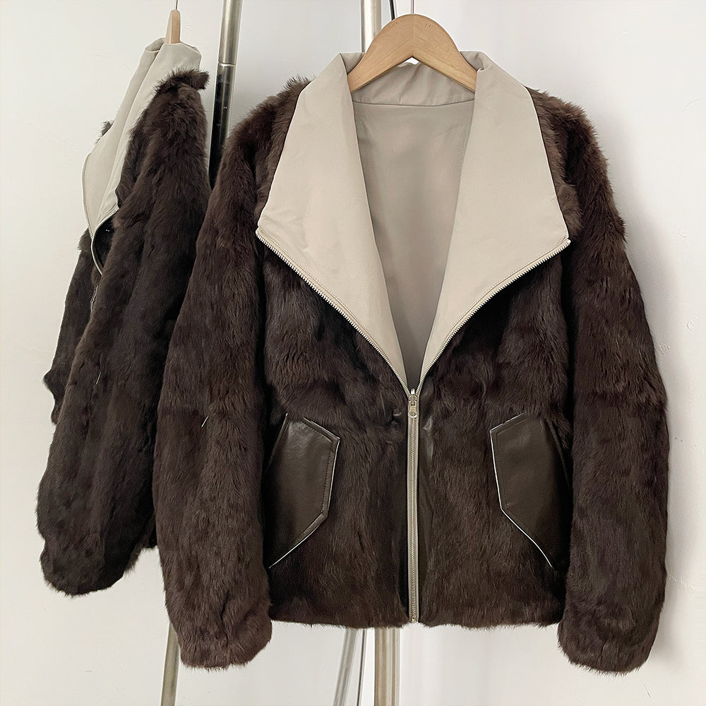 OFTBUY Reversible Real Rabbit Fur Lined Short Bomber Jacket - Oversized Wide Genuine Fox Fur Collar Windproof Outer Shell Winter Coat