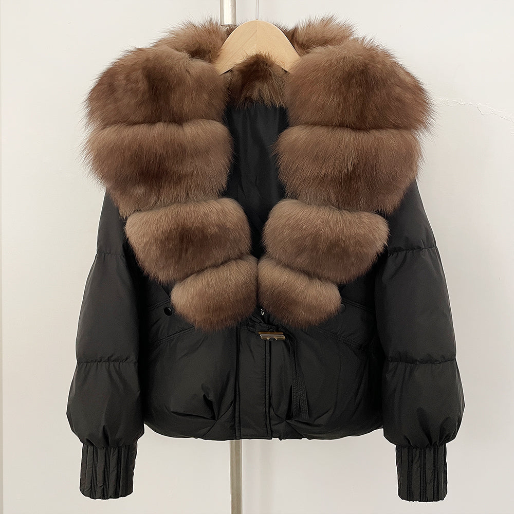 OFTBUY Luxury 90% Duck Down Puffer Jacket with Oversized Real Fox Fur Collar - Short Tiered Winter Coat