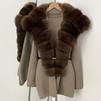 OFTBUY Fashion Belt Warm Sweater Female Natural Fur Loose Cadigan Coat Women Medium Length Knit Jacket with Real Fox Fur Collar