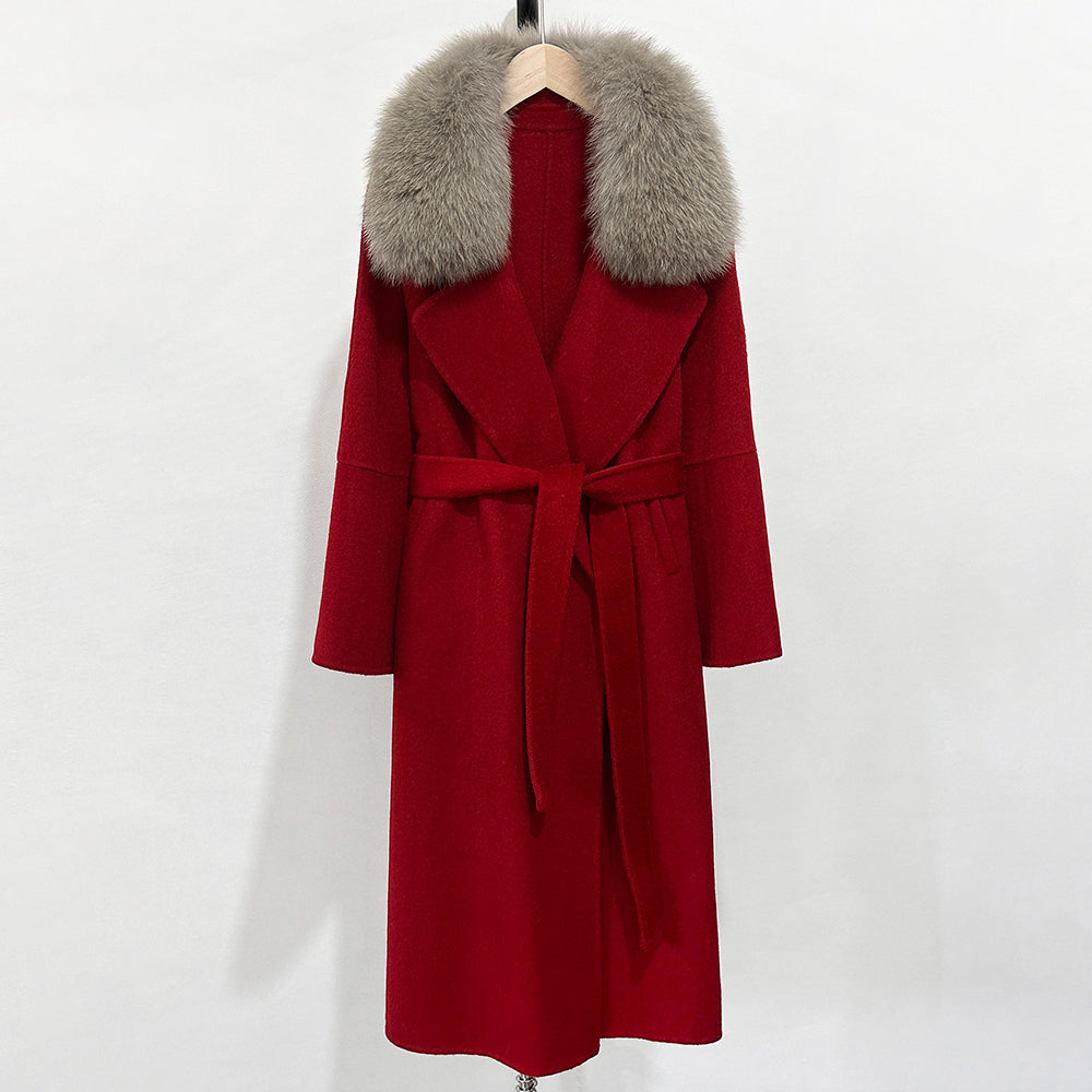 OFTBUY New Autumn Winter Long Clothing Women Fashion Warm Wool Coat with Real Fox Fur Collar Belt Elegant Woolen Jcacket Female