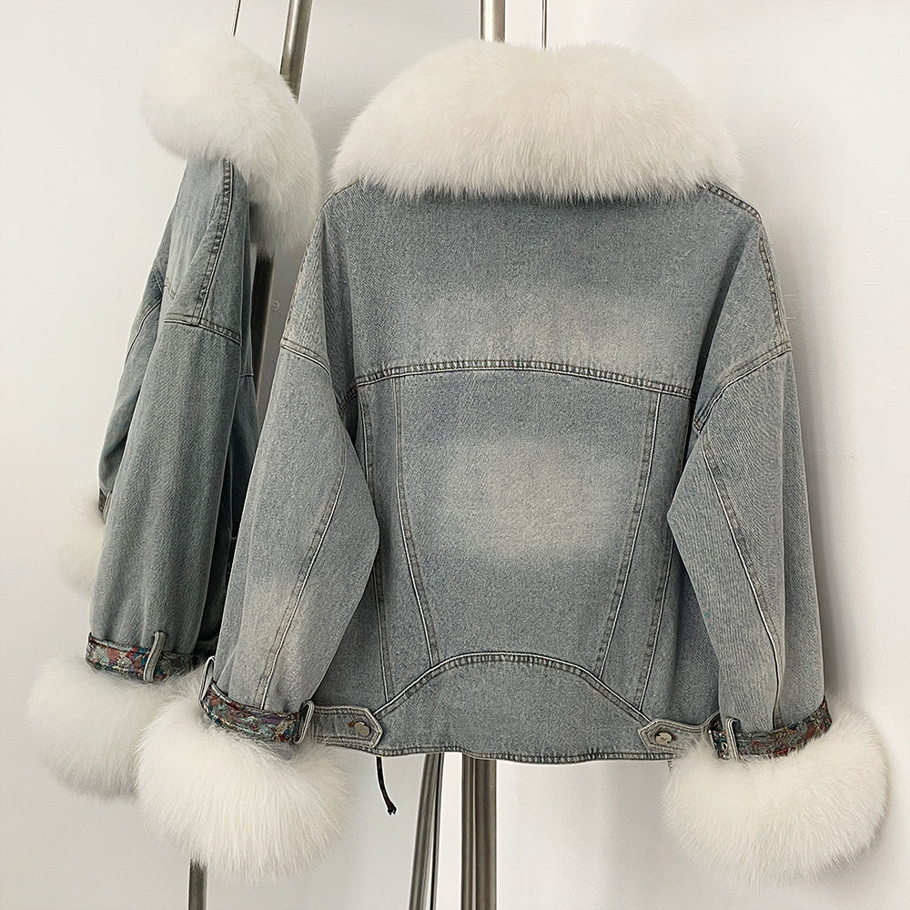 OFTBUY New Autumn Winter Clothes Female Real Fox Fur Goose Down Inner Lid Denim Jacket Women Thick Warm Fur Puffer Jacket Lady