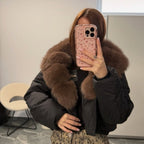 OFTBUY Luxury Cropped Puffer Jacket with Massive Real Fox Fur Collar - Premium 90% Duck Down Winter Coat