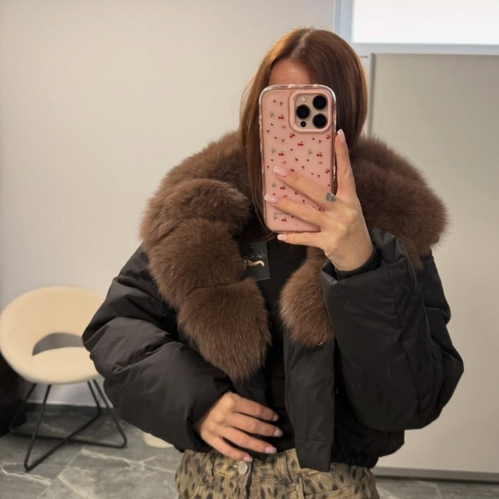 OFTBUY Luxury Cropped Puffer Jacket with Massive Real Fox Fur Collar - Premium 90% Duck Down Winter Coat