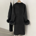 OFTBUY New Women's Double-Faced Wool Coat with Real Fox Fur Design Belted Bow Warm Winter Elegant Fashion Outerwear Woolen Coat