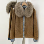OFTBUY Denim Trim Warm Autumn Winter Fashion Outerwear Sweater Female New Women's Knit Cardigan with Large Real Fox Fur Collar