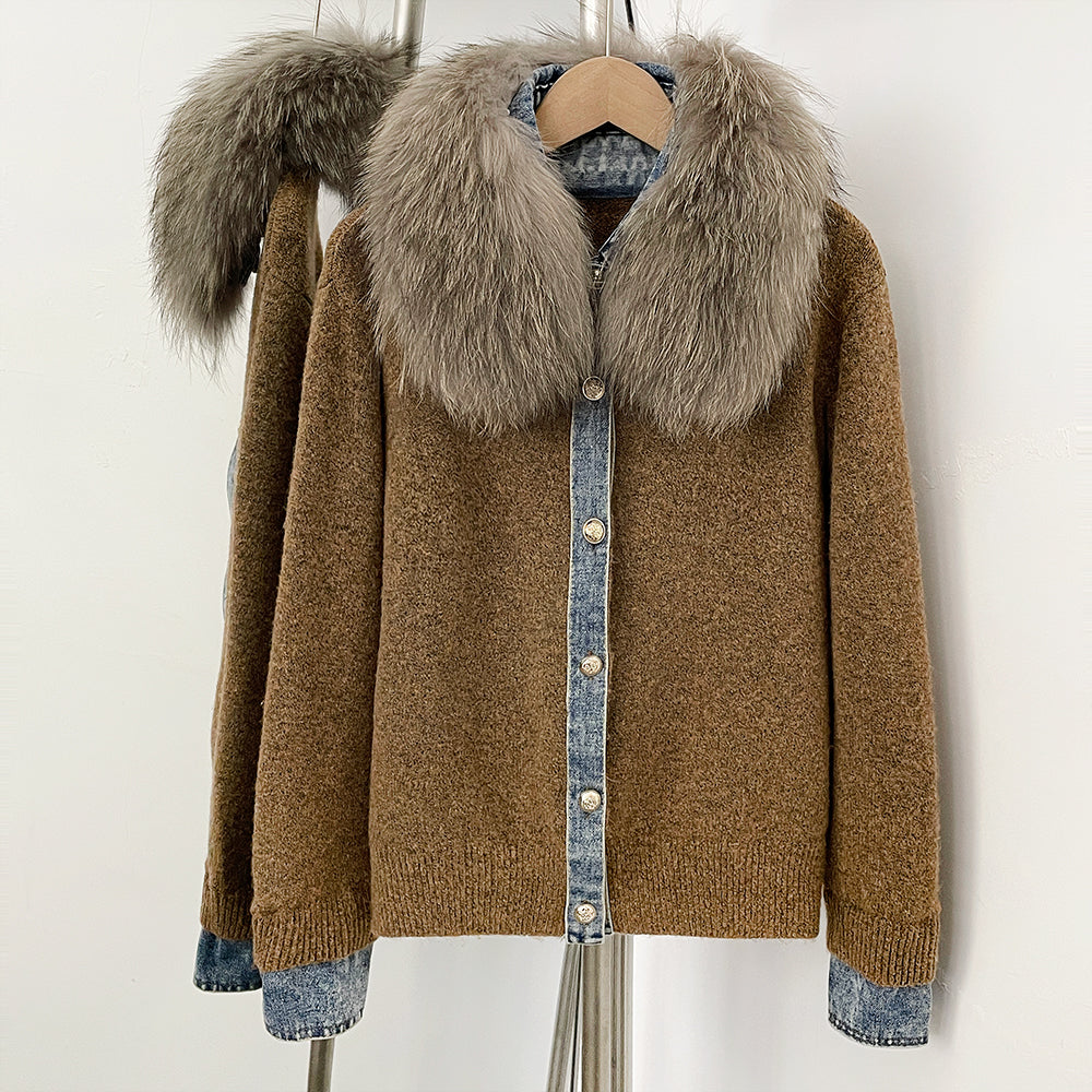 OFTBUY Denim Trim Warm Autumn Winter Fashion Outerwear Sweater Female New Women's Knit Cardigan with Large Real Fox Fur Collar