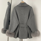 OFTBUY 100% Wool Wrap Belted Short Coat - Wide Shawl Lapel Real Fox Fur Cuff Luxury Double Sided Wool Jacket