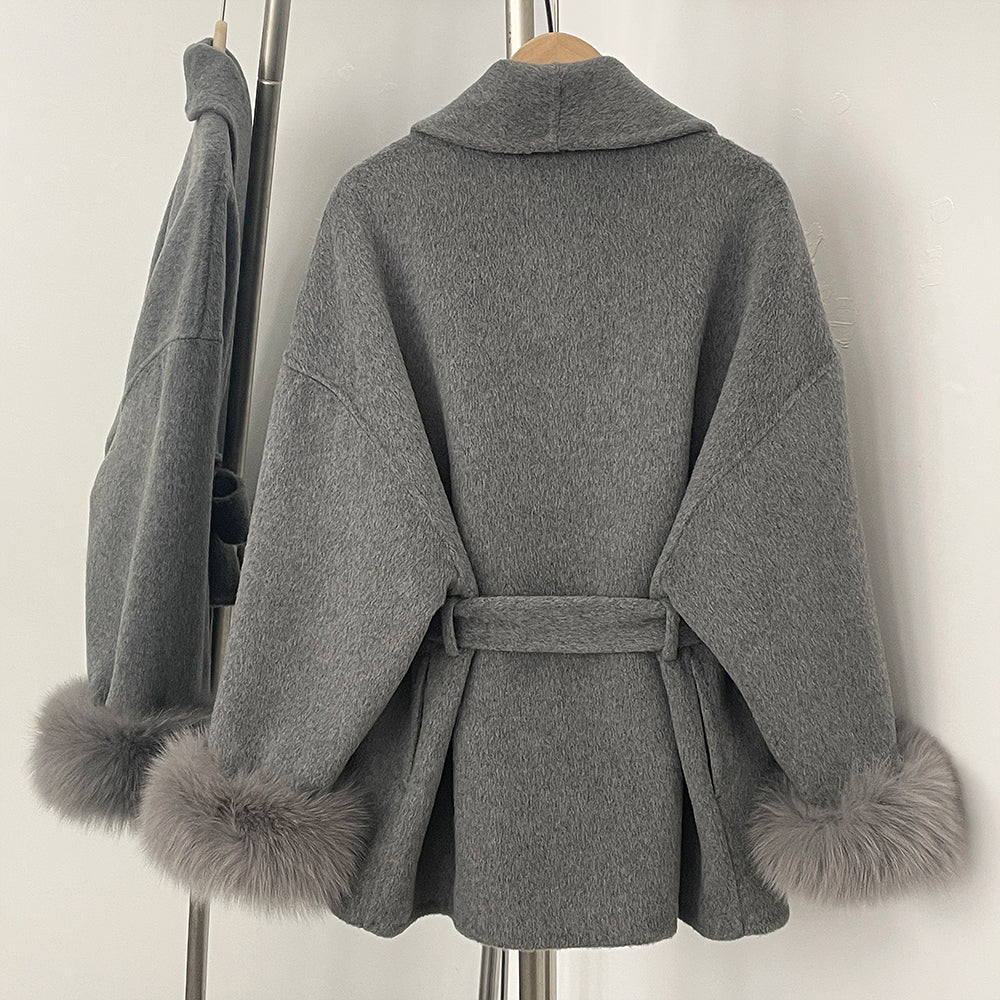 OFTBUY 100% Wool Wrap Belted Short Coat - Wide Shawl Lapel Real Fox Fur Cuff Luxury Double Sided Wool Jacket