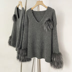 OFTBUY New Women's Knit Sweater with Real Fox Fur Accents V-Neck Loose Fit Warm Winter Fashion Warm Pullover Outerwear Jacket
