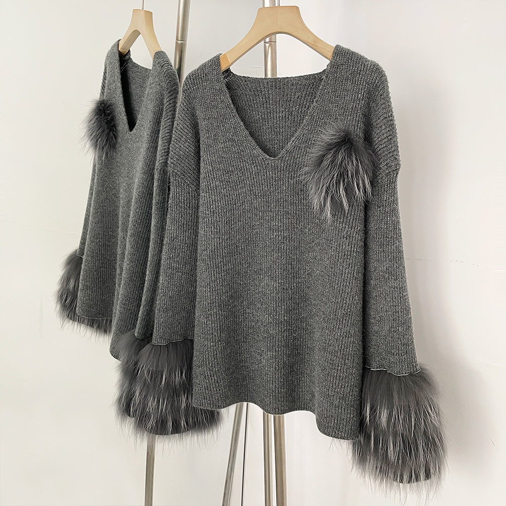 OFTBUY New Women's Knit Sweater with Real Fox Fur Accents V-Neck Loose Fit Warm Winter Fashion Warm Pullover Outerwear Jacket