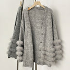 OFTBUY Loose Oversize Knitwear Coat Real Fox Fur Button Cardigan Swrater Jacket Female New Spring Autumn Knitted Clothes Women