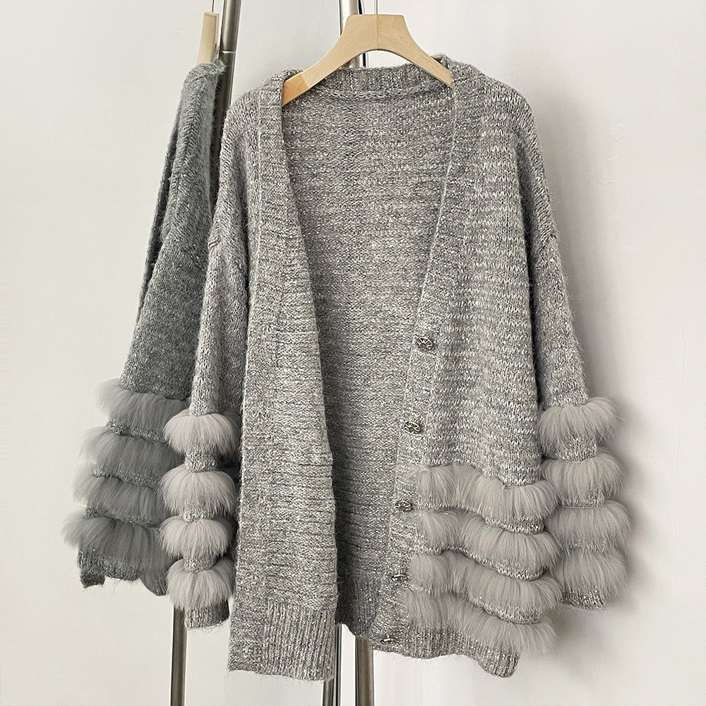 OFTBUY Loose Oversize Knitwear Coat Real Fox Fur Button Cardigan Swrater Jacket Female New Spring Autumn Knitted Clothes Women