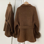 OFTBUY Gold Buttons Belted Bow Warm Winter Elegant Fashion Outerwear New Women's Double Face Wool Coat with Real Fox Fur Cuffs