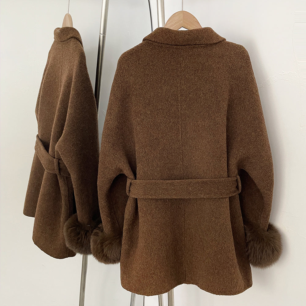 OFTBUY Gold Buttons Belted Bow Warm Winter Elegant Fashion Outerwear New Women's Double Face Wool Coat with Real Fox Fur Cuffs
