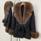 OFTBUY New Women's Double-Faced Wool Coat with Large Real Fox Fur Collar Cuffs Belted Warm Winter Elegant Fashion Outerwear Lady