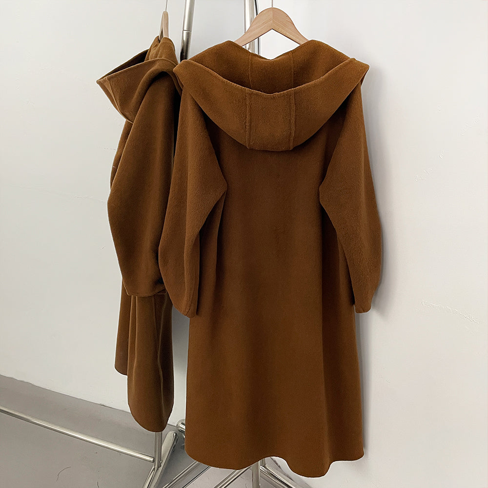 OFTBUY New Women's Hooded Wool Coat with Fur Pom Details Long Single Breasted Winter Warm Elegant Woolen Outerwear Female