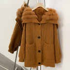 OFTBUY Sweater Femlae Button Pockets Warm Winter Luxury Outerwear New Women's Knit Cardigan with Large Real Fox Fur Collar
