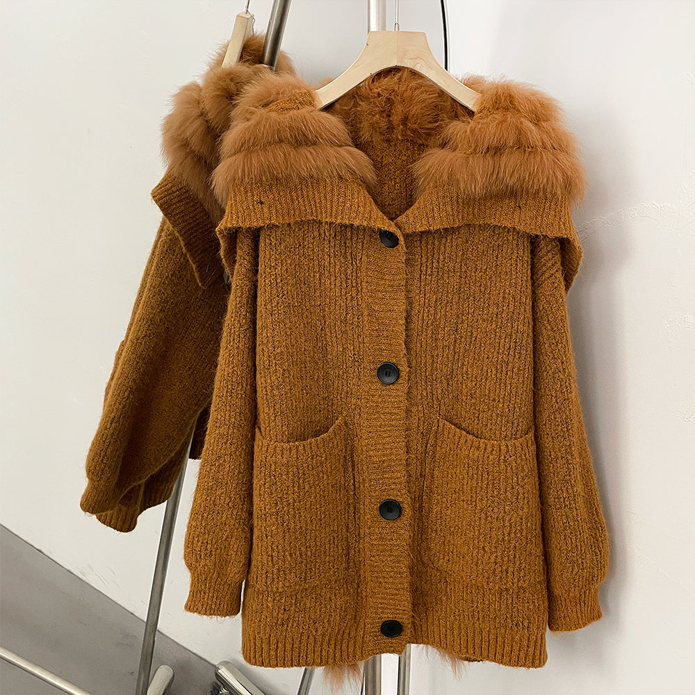 OFTBUY Sweater Femlae Button Pockets Warm Winter Luxury Outerwear New Women's Knit Cardigan with Large Real Fox Fur Collar