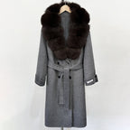 OFTBUY Winter Jacket Women Woolen Blends Coat Natural Real Fox Fur Collar Belt Loose Outerwear Casual Outerwear Streetwear