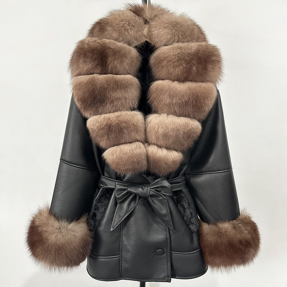 OFTBUY Large Natural Fox Fur Women Faux Leather Jacket Autumn Winter Fashion Ladies Warm Retor Faux Lamb Fur Coat Outwear