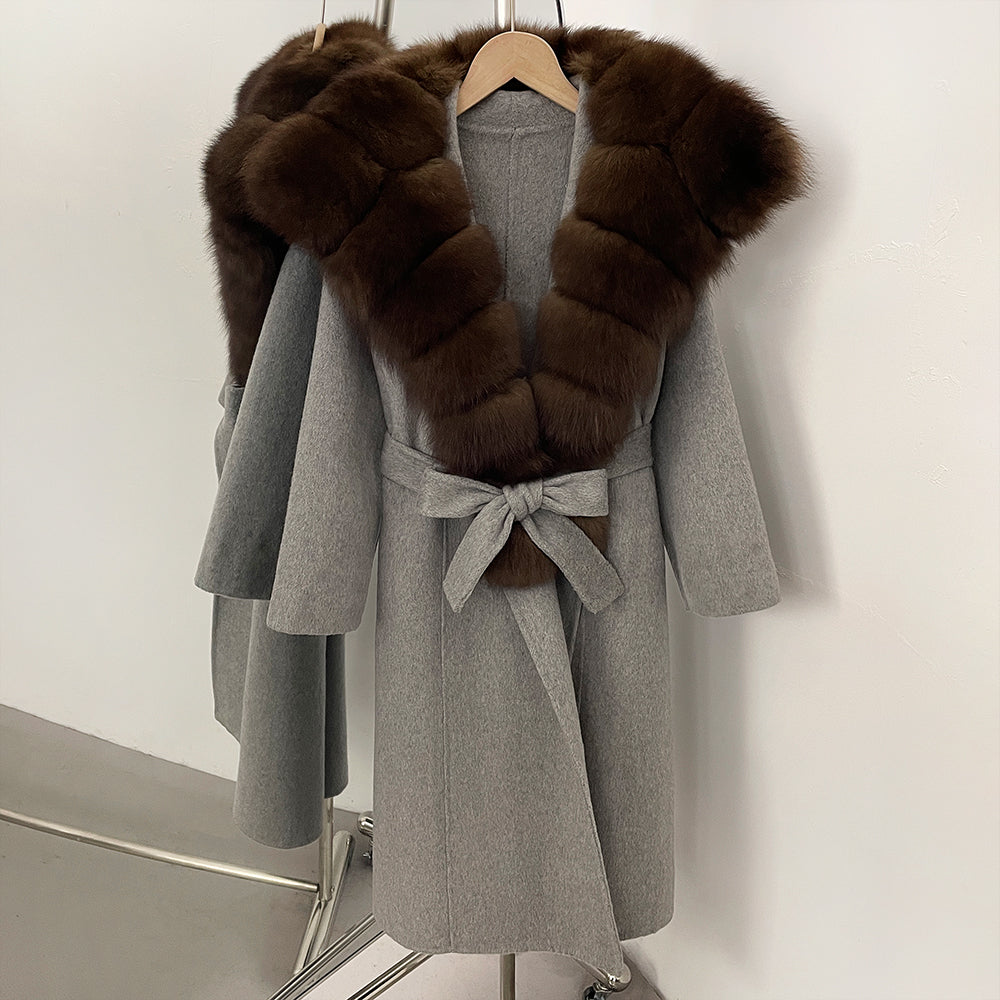 OFTBUY Long Belt Real Fur Wool Coat Female New Autumn Winter Warm Clothes Women Natural Fox Fur Collar Cashmere Woolen Jacket