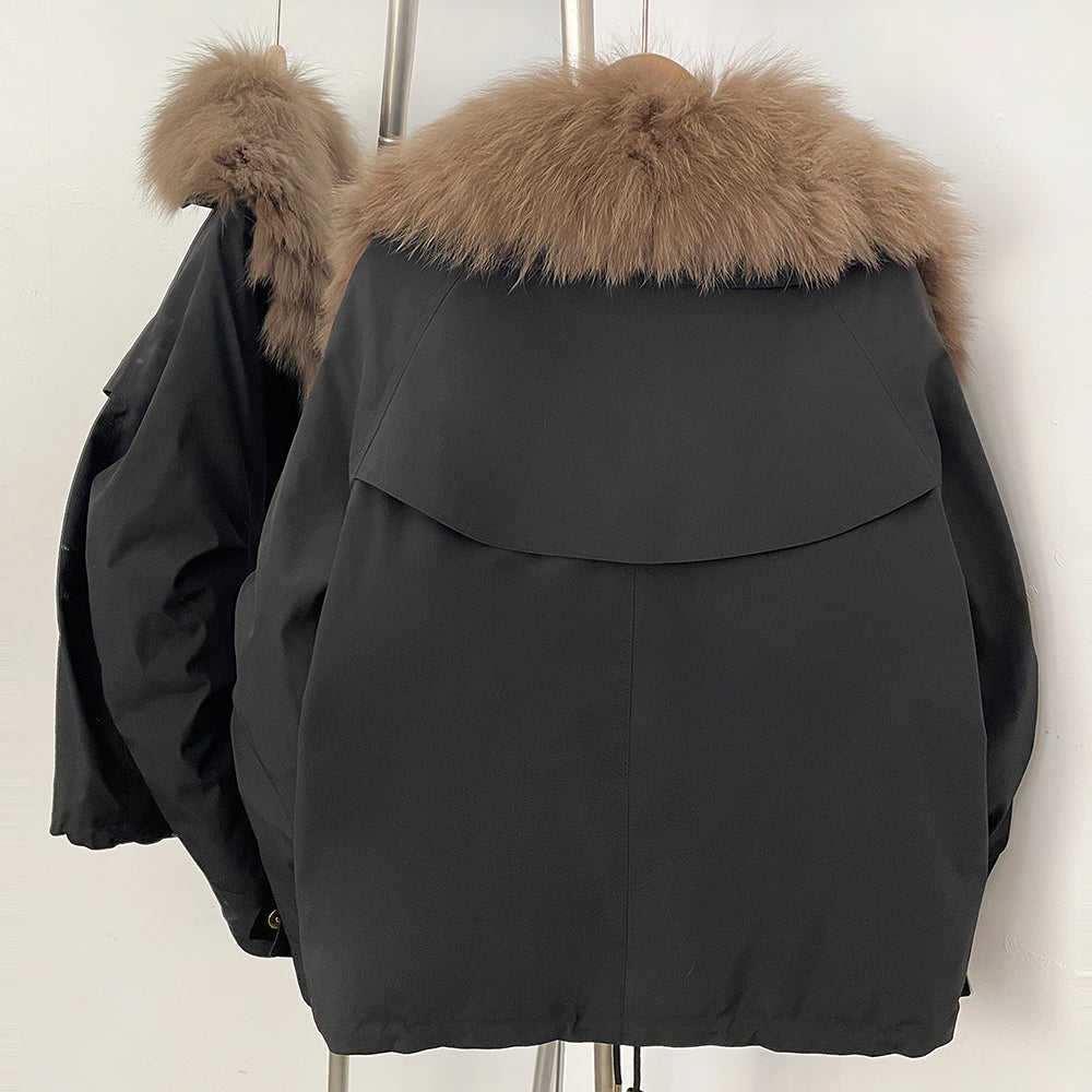 OFTBUY Luxury Wide Real Fox Fur Collar 90% Duck Down Short Parka Jacket - Cargo Pocket Windproof Down Coat