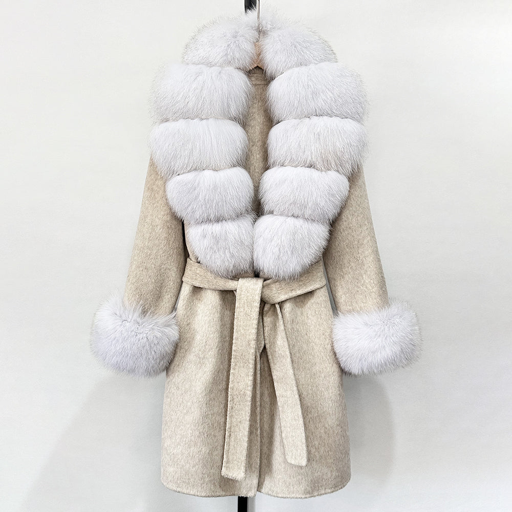 OFTBUY New Autumn Winter Top Clothes Women Belt Natural Fur Wool Coat Female Fashion Warm Woolen Jacket with Real Fox Fur Collar