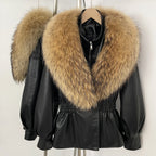 OFTBUY Women's Luxury Real Fox/Raccoon Fur Faux Leather Jacket Elastic Waist New Winter Coat Elegant PU Leather Outerwear Female