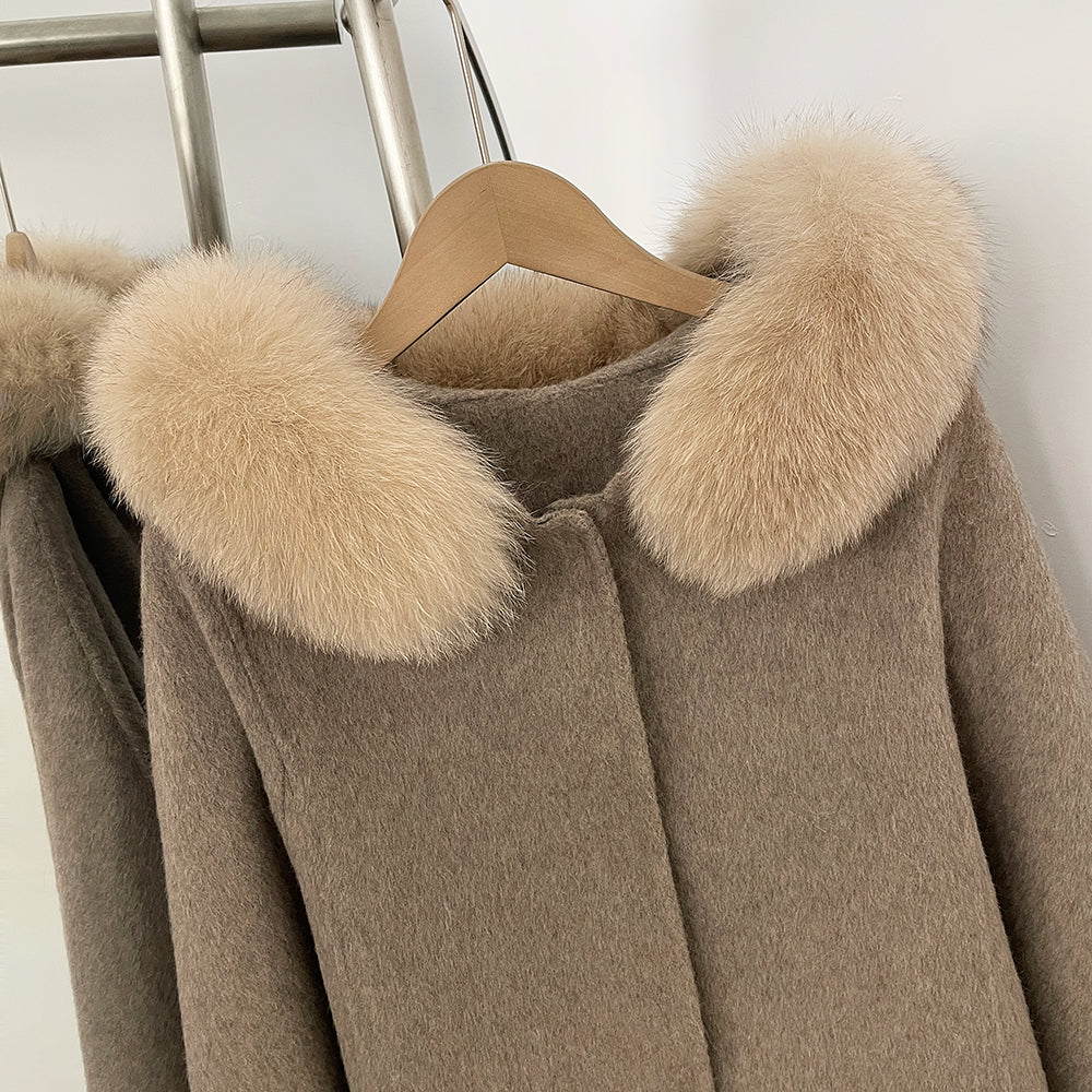 OFTBUY New Women's Wool Coat with Large Real Fox Fur Hooded Trim Long Sleeve Warm Winter Elegant Fashion Outerwear Woolen Cape