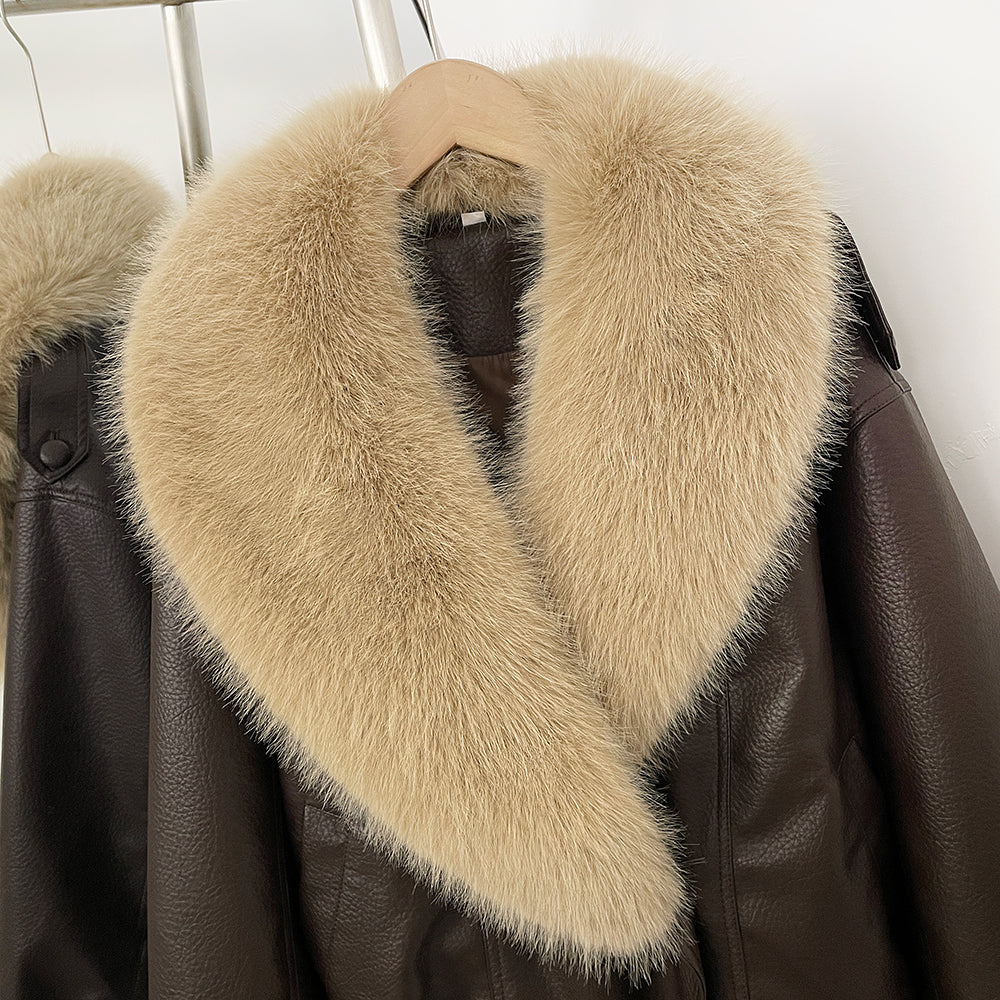 OFTBUY Stylish Fur Patchwork Leather Jacket Women Detachable Collar Breasted Waist Closed Coat Female Spring Winter Lady Outwear