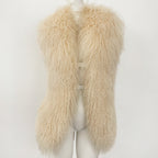 OFTBUY Solid Deep V-Neck Backless Bandage Sleeveless Jackets Fluffy Luxury Real Mongolian Fur Halter Vests Women Outerwear Coat