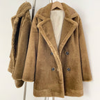 Full front view of relaxed fit double breasted faux fur coat