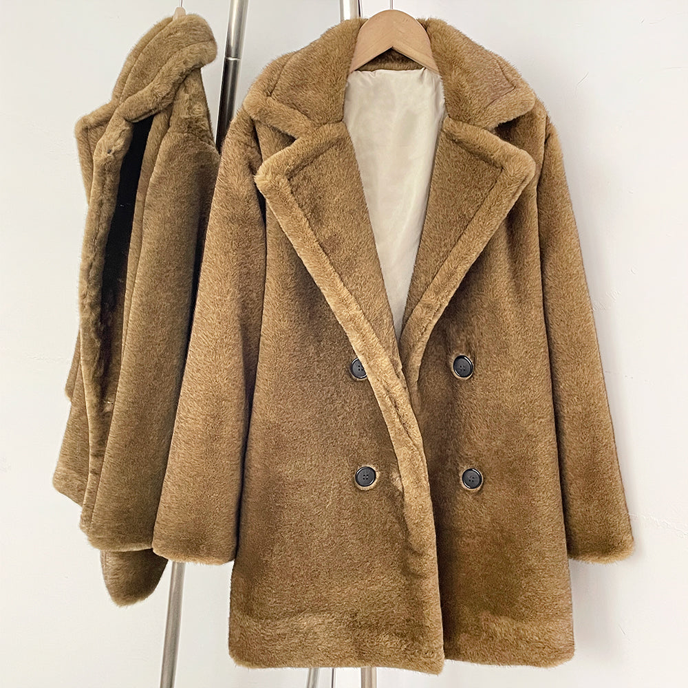  Full front view of relaxed fit double breasted faux fur coat