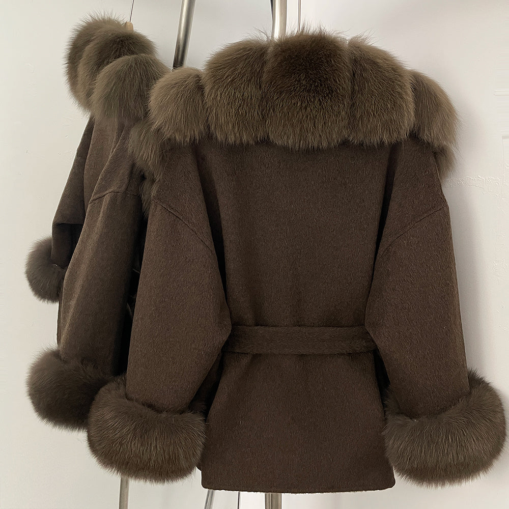 OFTBUY Big Natural Fox Fur Pinnacle 100% Wool Coat Female New Autumn Winter Clothes Women Belt Natural Fur Collar Woolen Jacket