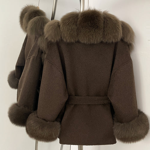 OFTBUY Big Natural Fox Fur Pinnacle 100% Wool Coat Female New Autumn Winter Clothes Women Belt Natural Fur Collar Woolen Jacket