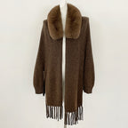 OFTBUY New Women's 100% Wool Knit Cape Coat with Real Fox Fur Collar Tassel Trim Warm Winter Elegant Outerwear Sweater Female
