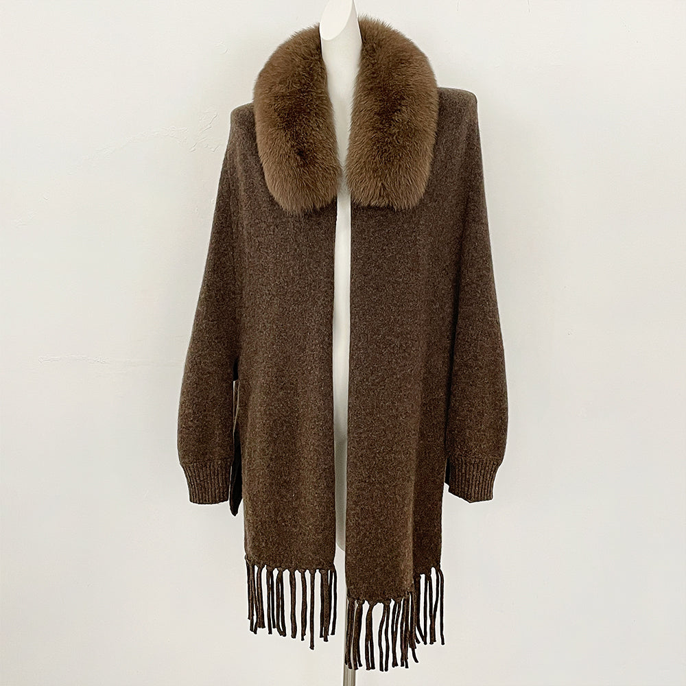 OFTBUY New Women's 100% Wool Knit Cape Coat with Real Fox Fur Collar Tassel Trim Warm Winter Elegant Outerwear Sweater Female