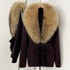 OFTBUY New Autumn Winter Luxury Fashion Outerwear Lady Women's Knit Coat with Large Real Fox Fur Collar Belt Textured Knit Warm