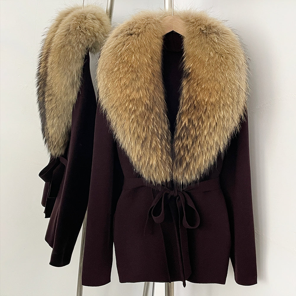 OFTBUY New Autumn Winter Luxury Fashion Outerwear Lady Women's Knit Coat with Large Real Fox Fur Collar Belt Textured Knit Warm