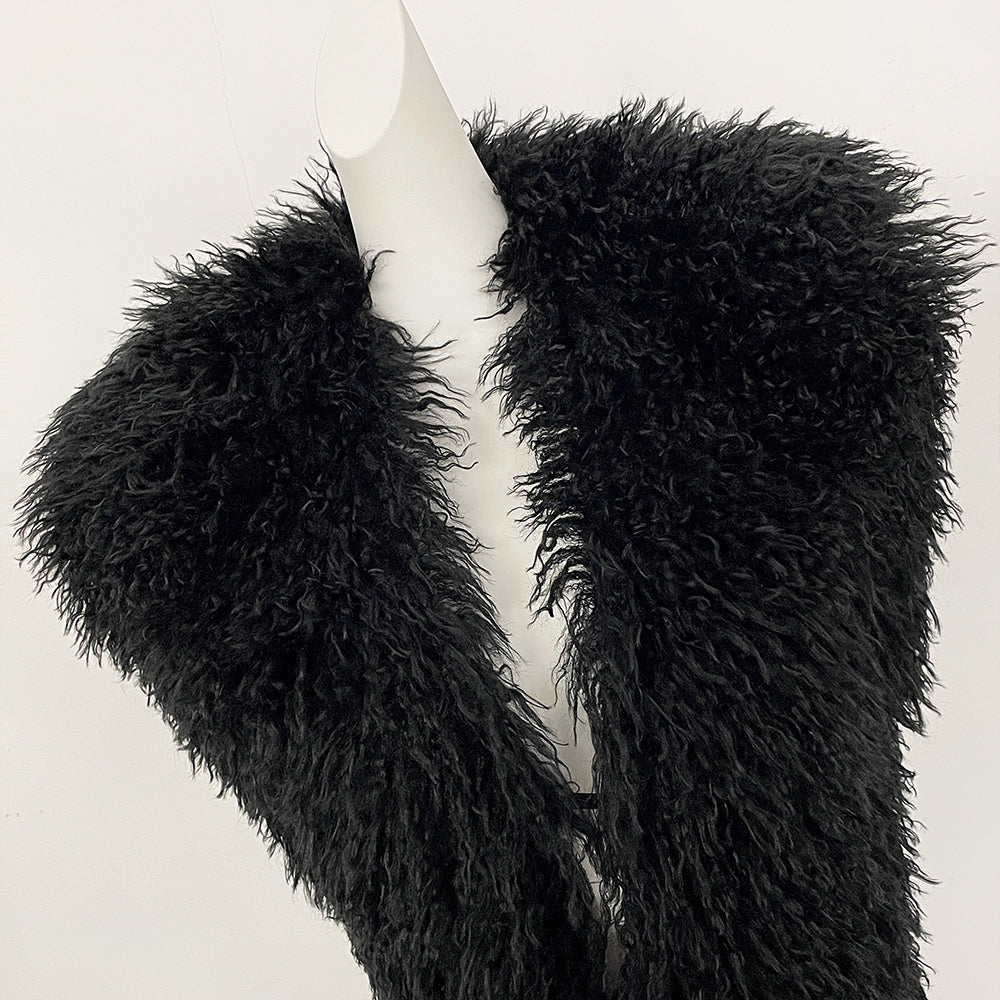 OFTBUY Women's Faux Mongolian Fur Vest Open Front Fluffy Faux Fur Waistcoat with Back Tie New Autumn Winter Outerwear Female