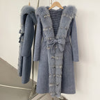 OFTBUY 100% Wool Coat with Real Fox Fur Trim & Rabbit Fur Lining