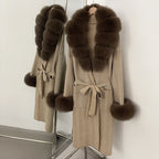 OFTBUY Winter Elegant Outerwear Warm Long Coat Lady New Women's Knit Coat with Large Real Fox Fur Collar Belted Cardigan Female